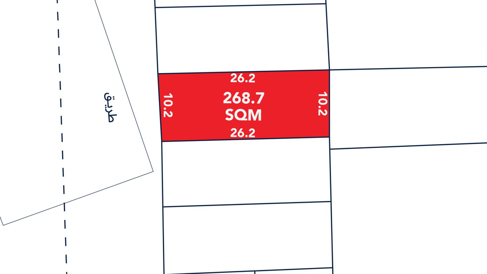 A rectangular plot labeled "268.7 SQM" in red, with side lengths 26.2 and 10.2 shown, surrounded by neighboring lots and a dashed street.