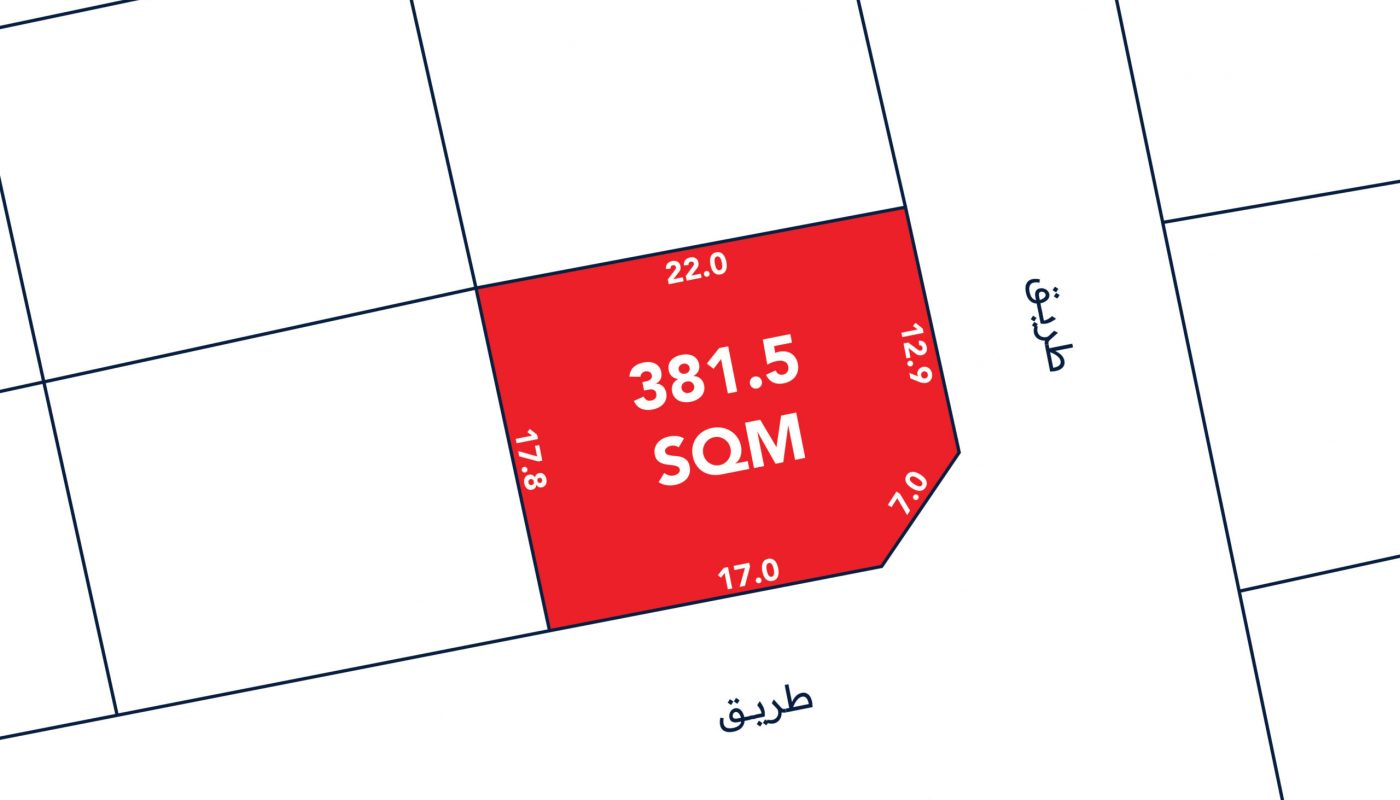A red plot on a map labeled "381.5 SQM" with boundary lengths: 22.0, 12.9, 10.7, 17.0, and 17.8. Surrounding streets are labeled in Arabic as "طريق".