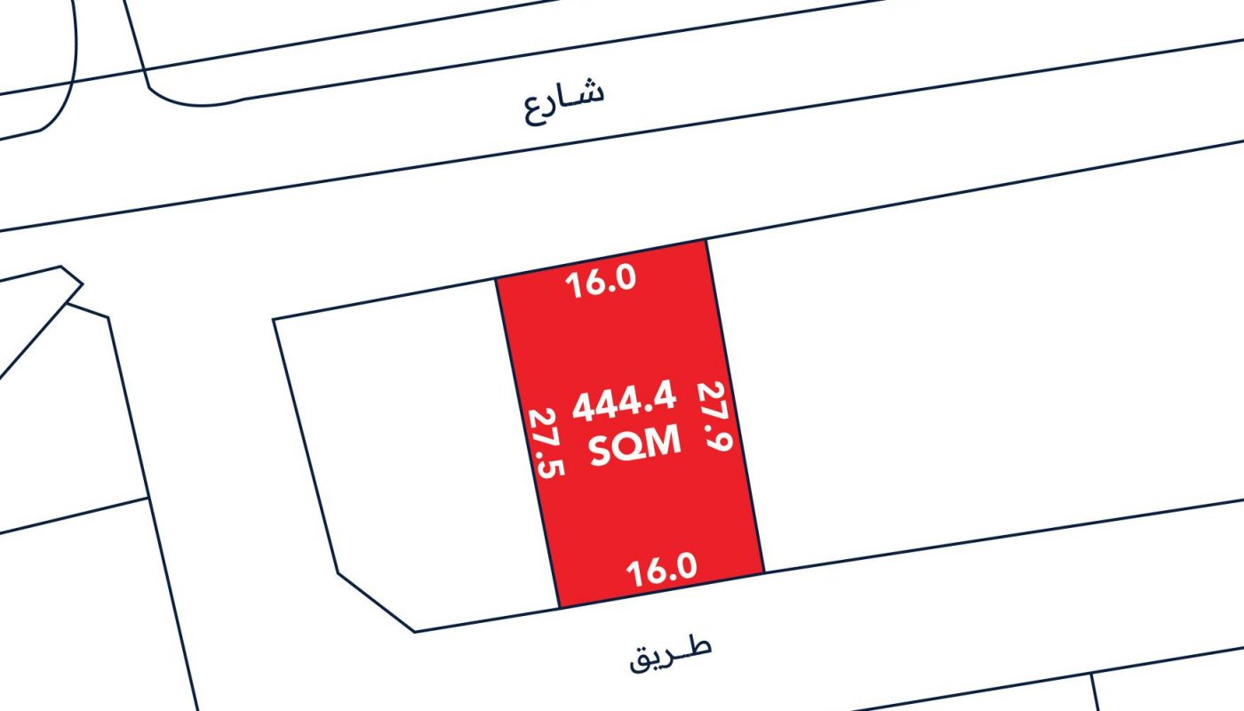 A plot map showing a rectangular land lot highlighted in red, labeled 444.4 SQM, with dimensions 16.0m by 27.9m, and adjacent streets labeled.