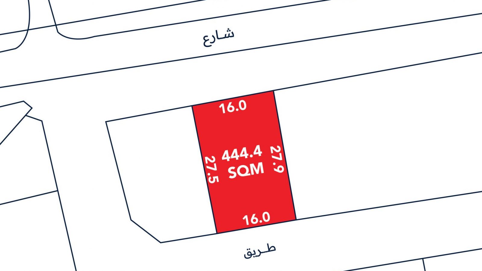 A plot map showing a rectangular land lot highlighted in red, labeled 444.4 SQM, with dimensions 16.0m by 27.9m, and adjacent streets labeled.
