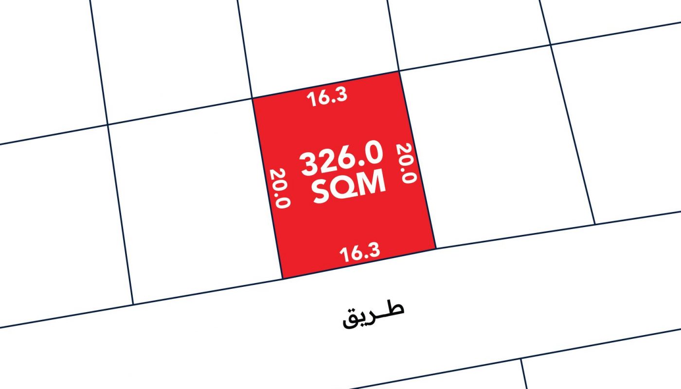 A red rectangular plot marked 326.0 SQM with dimensions 16.3 by 20.0 meters is highlighted on a site map bordered by a labeled street at the bottom.