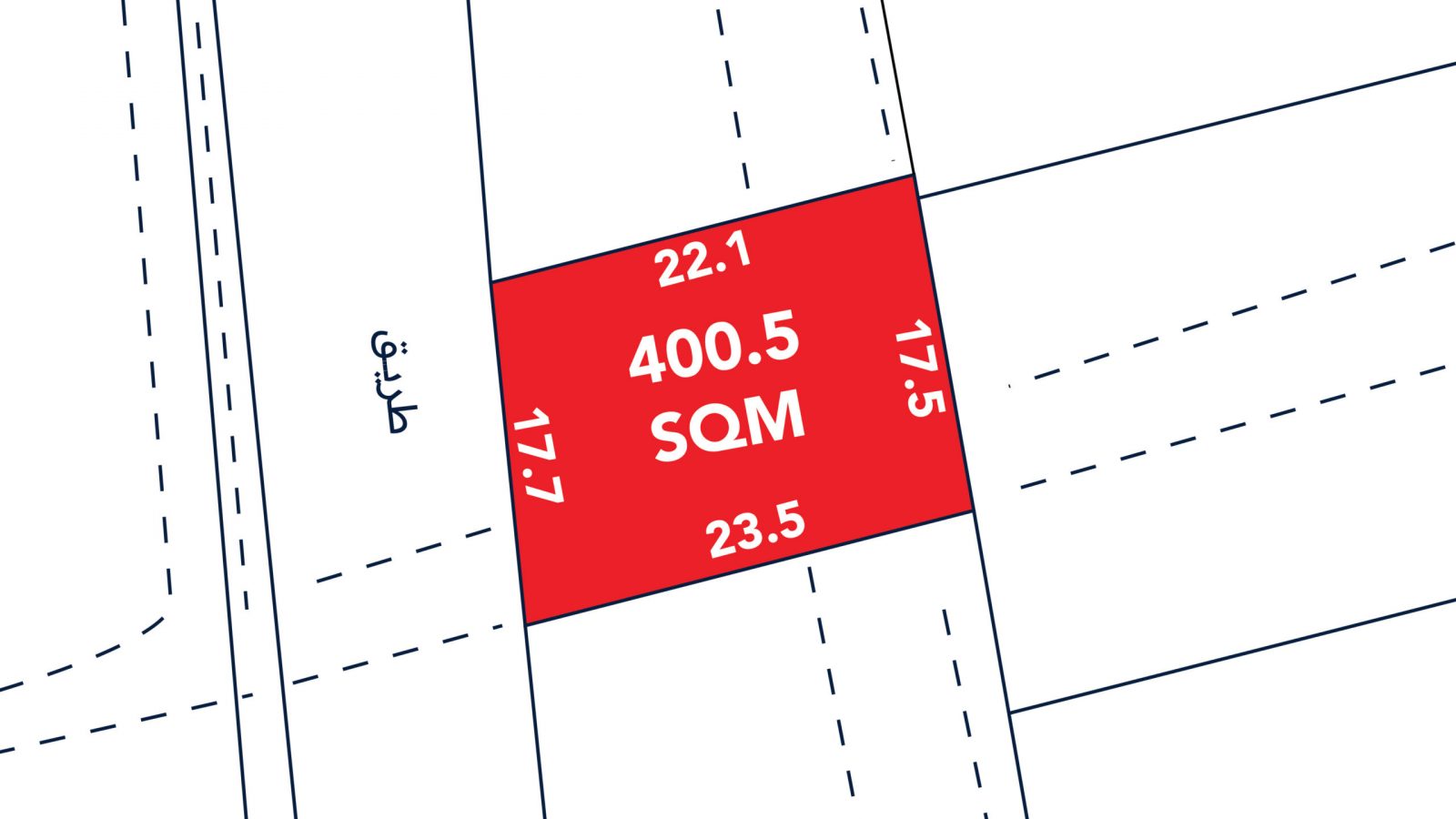 A plot map showing a red rectangular lot labeled "400.5 SQM" with side lengths 22.1, 17.7, 23.5, and 17.5 meters, bordered by dashed property lines and a street on the left.