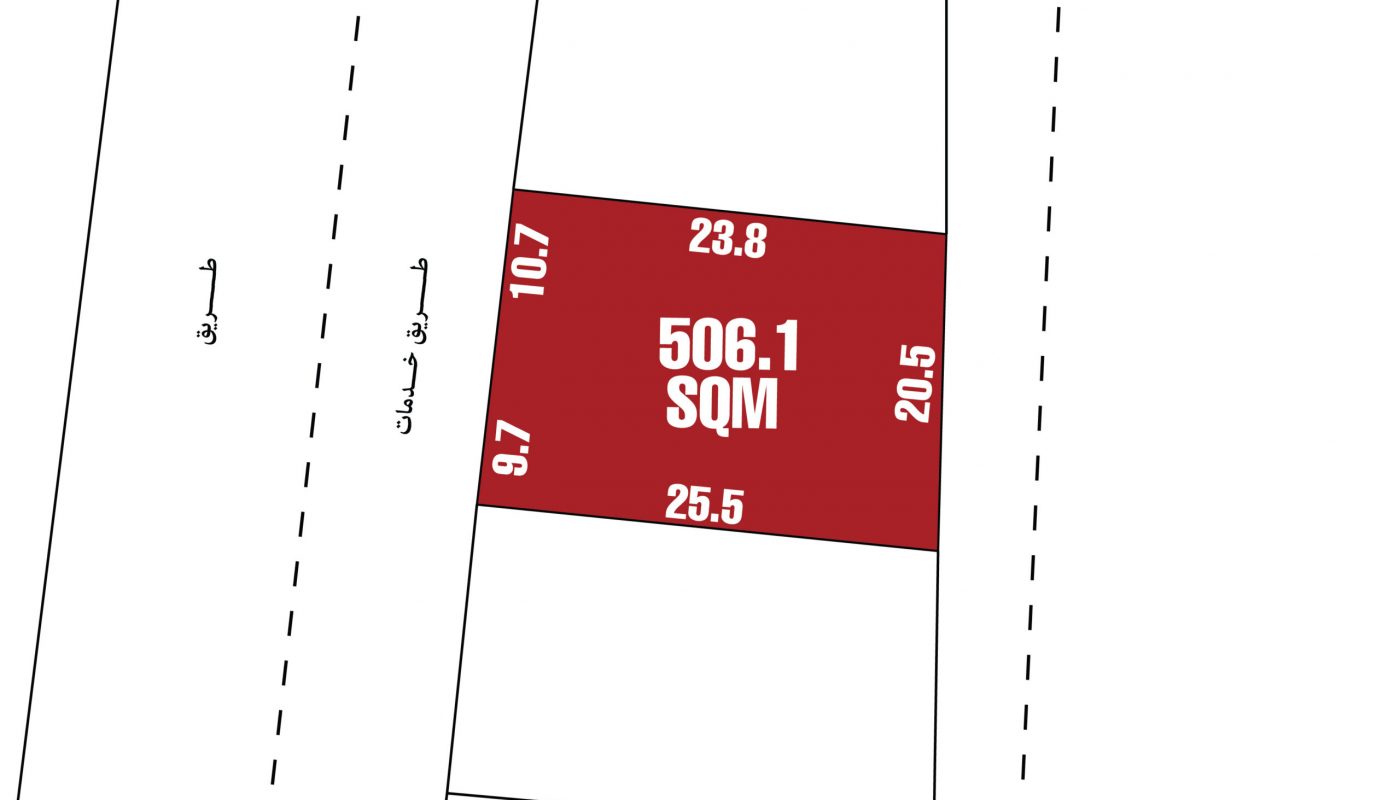 A rectangular plot labeled 506.1 SQM is shown with side lengths of 10.7, 23.8, 9.7, 25.5, and 20.5 meters, bordered by dashed roads and Arabic labels.