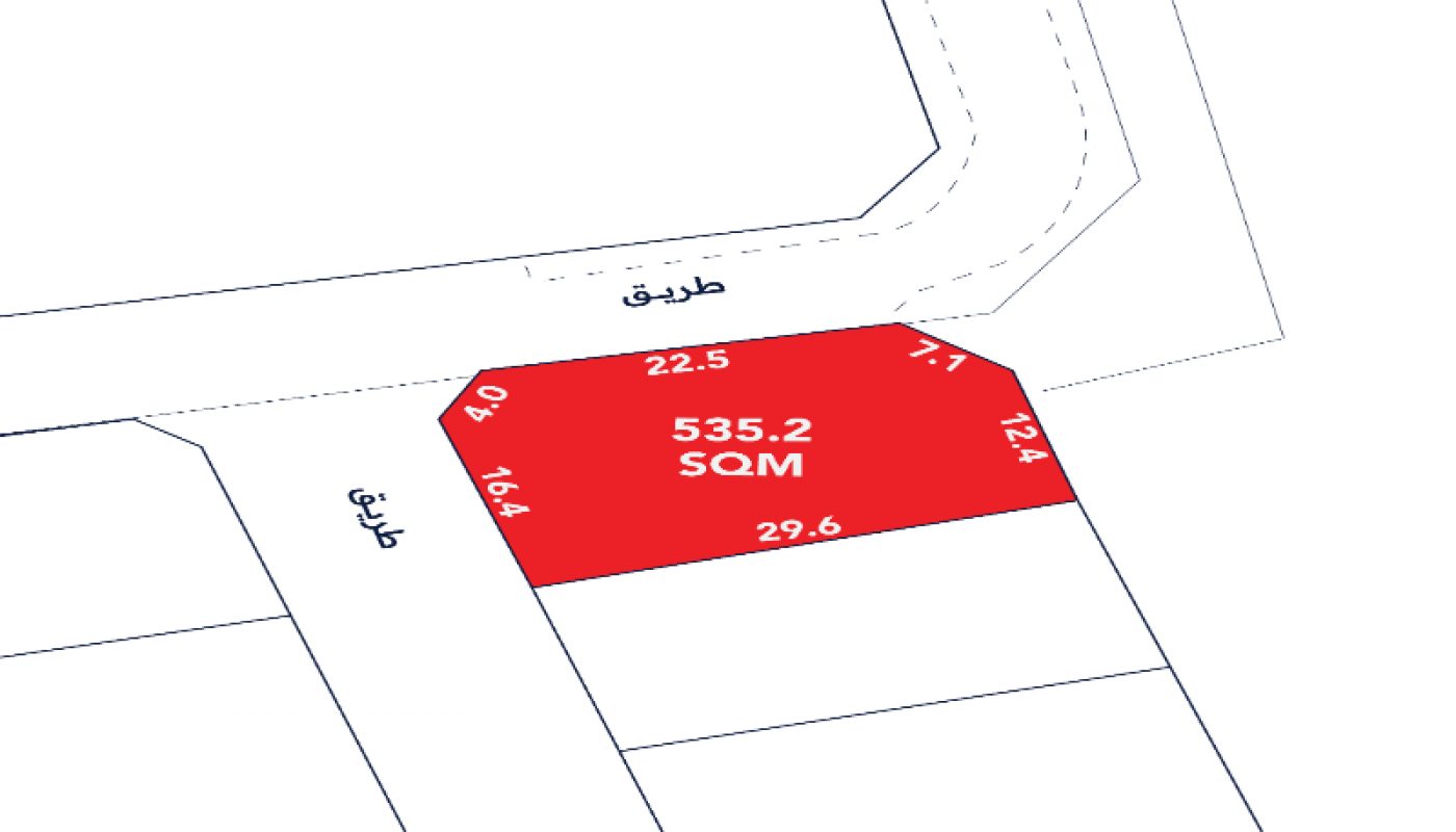 A plot of land marked in red with labeled boundary lengths and an area of 535.2 SQM, bordered by roads on two sides.
