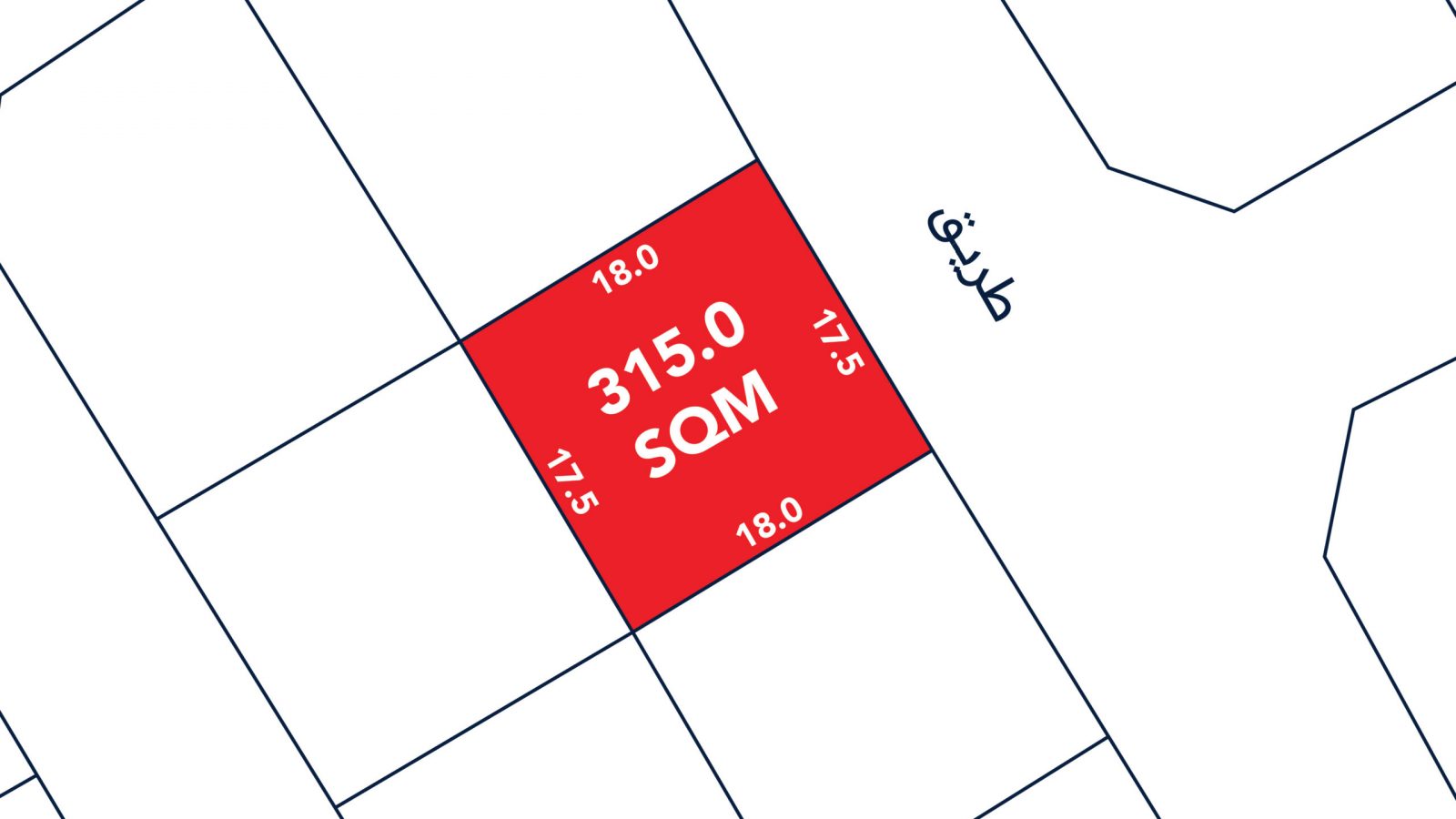 A red rectangular land plot marked 315.0 SQM with labeled dimensions bordered by streets and adjacent plots on a simple map.