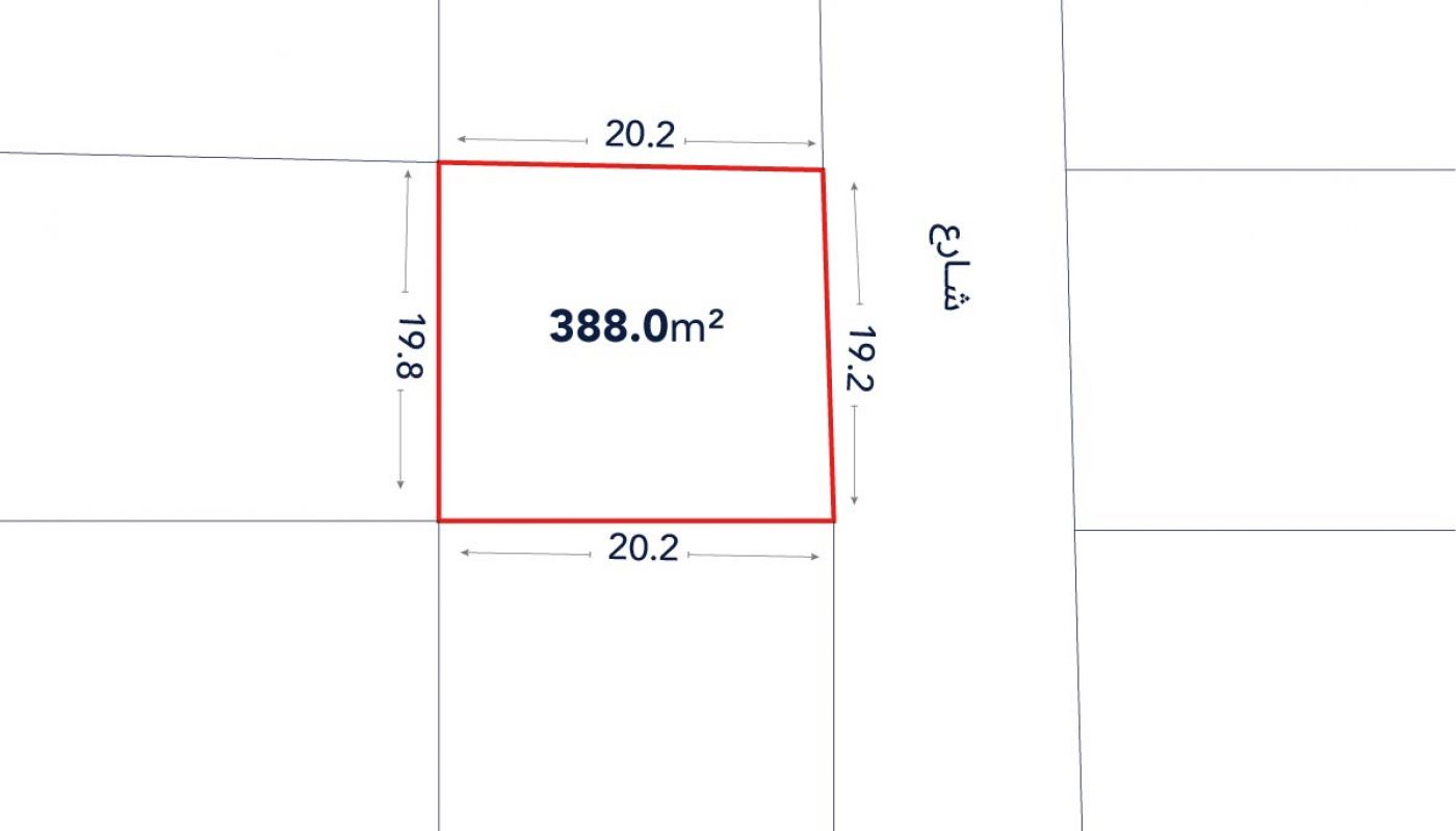 A square land plot outlined in red, labeled 388.0 m², with side lengths of 20.2 m and 19.8 m, adjacent to a street marked "شارع" in Arabic.