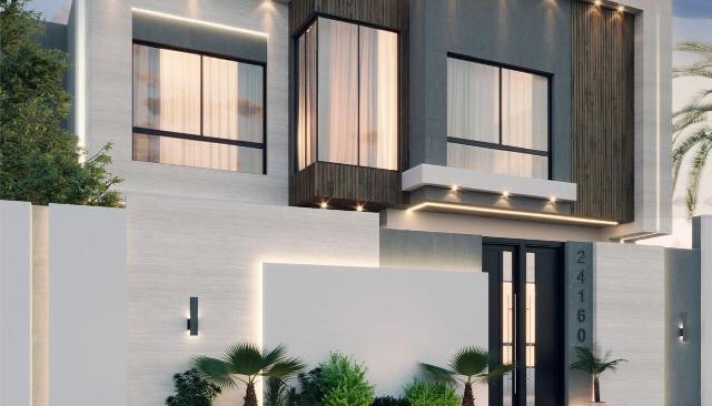 منزل عصري مكون من طابقين بنوافذ كبيرة وتصميم هندسي وواجهة خشبية وبيضاء وإضاءة خارجية ومنطقة صغيرة ذات مناظر طبيعية ورقم المنزل 24160 عند المدخل.