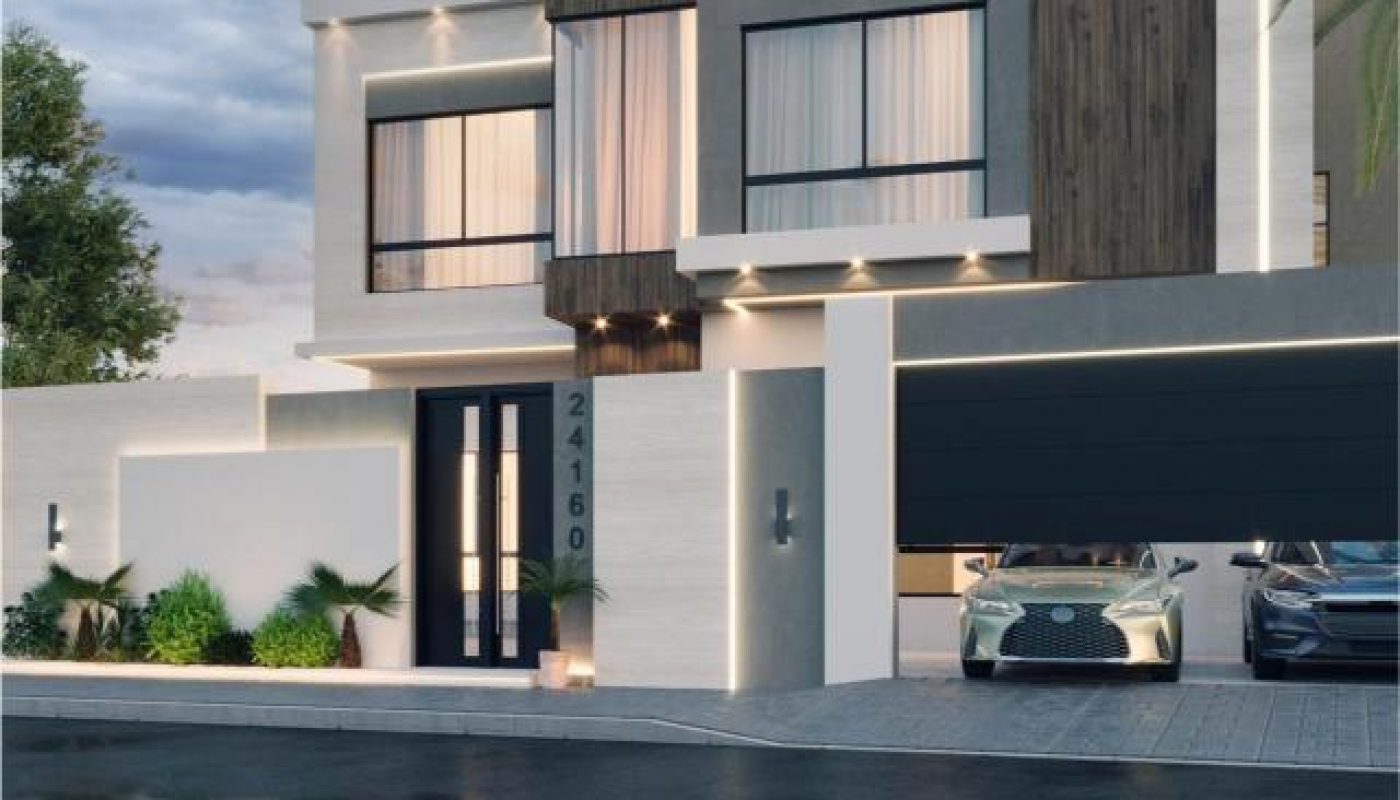 منزل عصري مكون من طابقين بنوافذ كبيرة ولمسات خشبية ورمادية وإضاءة خارجية ومرآب وسيارتين متوقفتين في الممر.