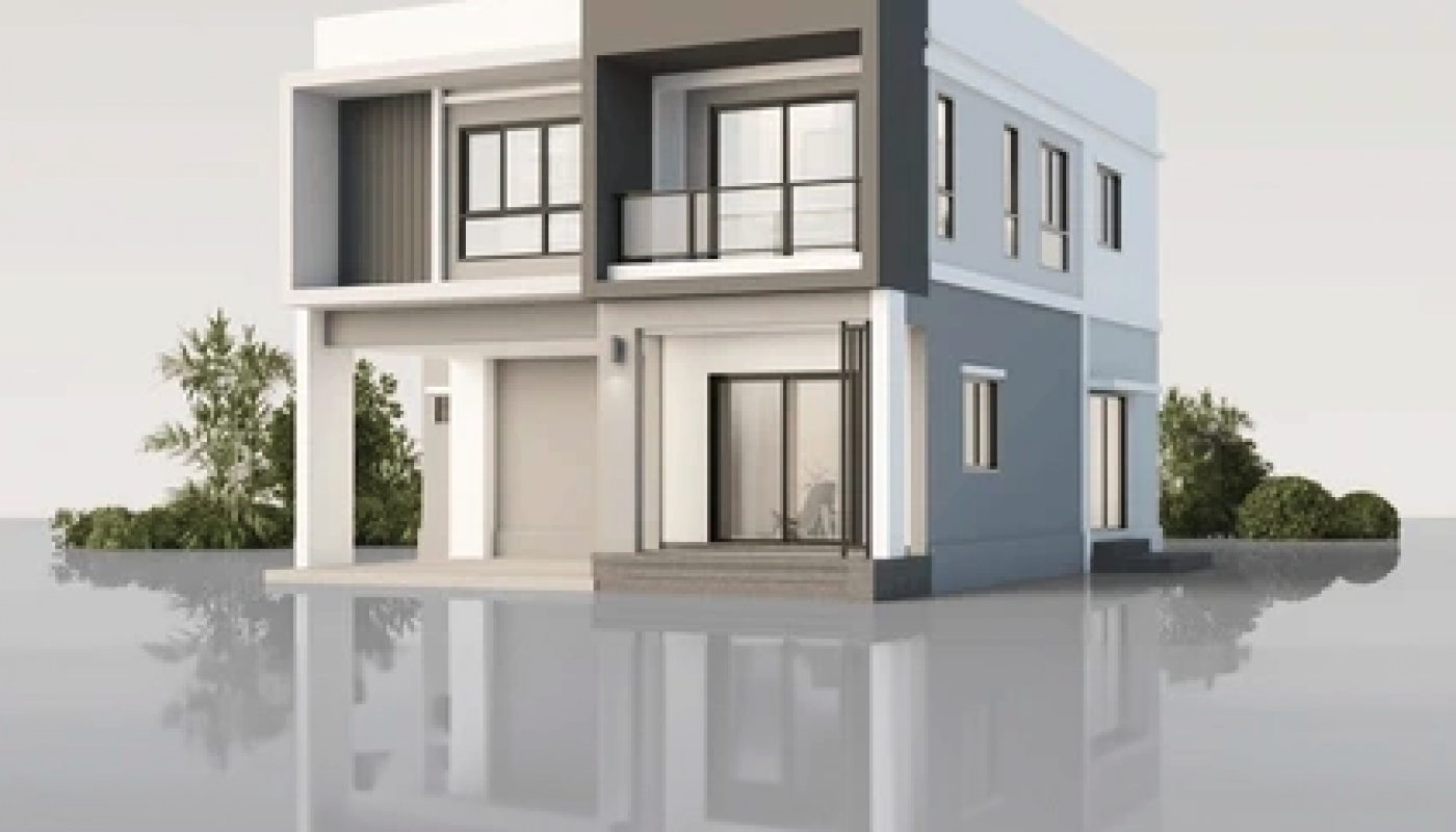 Modern two-story house with large windows, a balcony, and a minimalistic design, set on a reflective surface with small shrubs in the background.