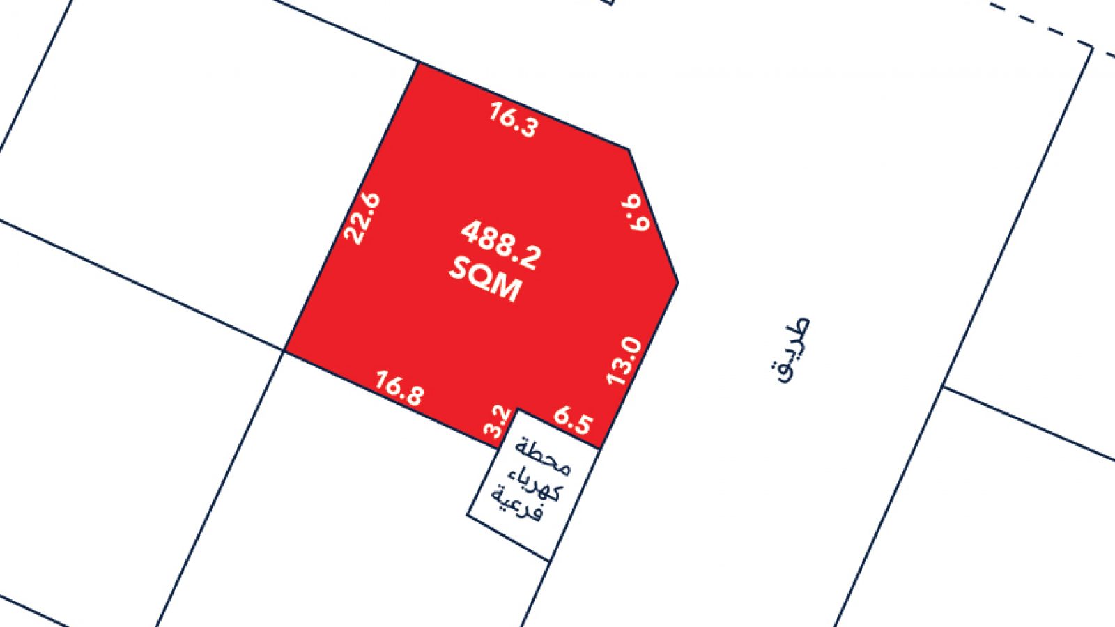 A plot map highlights a red, irregularly-shaped lot labeled "488.2 SQM" with various side lengths in meters, surrounded by roads and a labeled electricity station.