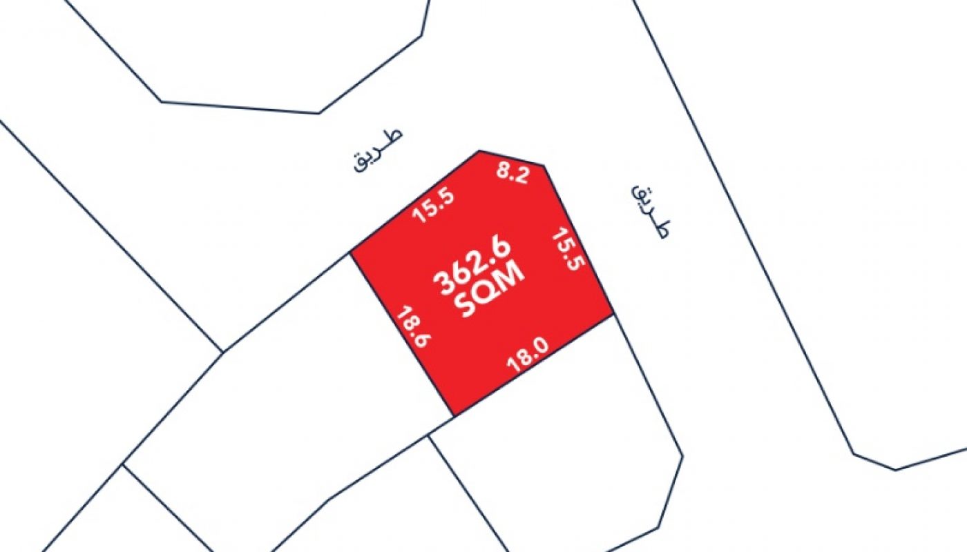 A map shows a red plot labeled "362.6 SQM" with side lengths 18.6, 15.5, 8.2, 15.5, and 18.0 meters, bordered by streets labeled in Arabic.