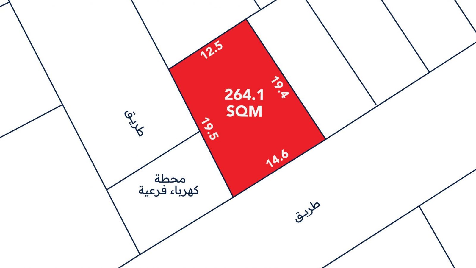 A plot map showing a 264.1 SQM rectangular lot in red, bordered by roads on two sides, with labeled dimensions in meters and adjacent properties outlined.