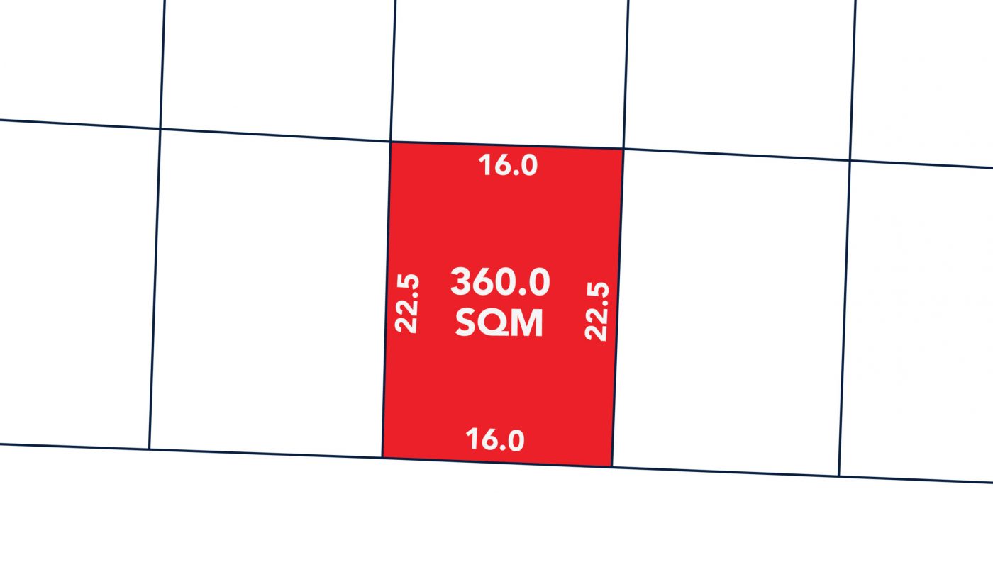 A rectangular plot highlighted in red, marked as 360.0 SQM with dimensions 16.0 x 22.5 meters, adjacent to a road labeled in Arabic.