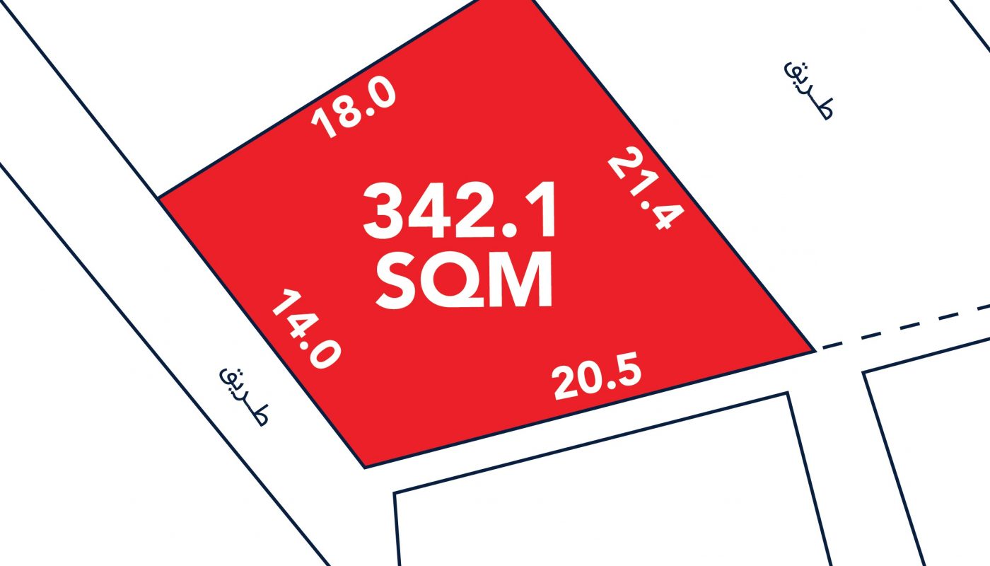 A red plot of land measuring 342.1 square meters, with side lengths labeled 18.0, 14.0, 21.4, and 20.5 meters, outlined by surrounding streets.