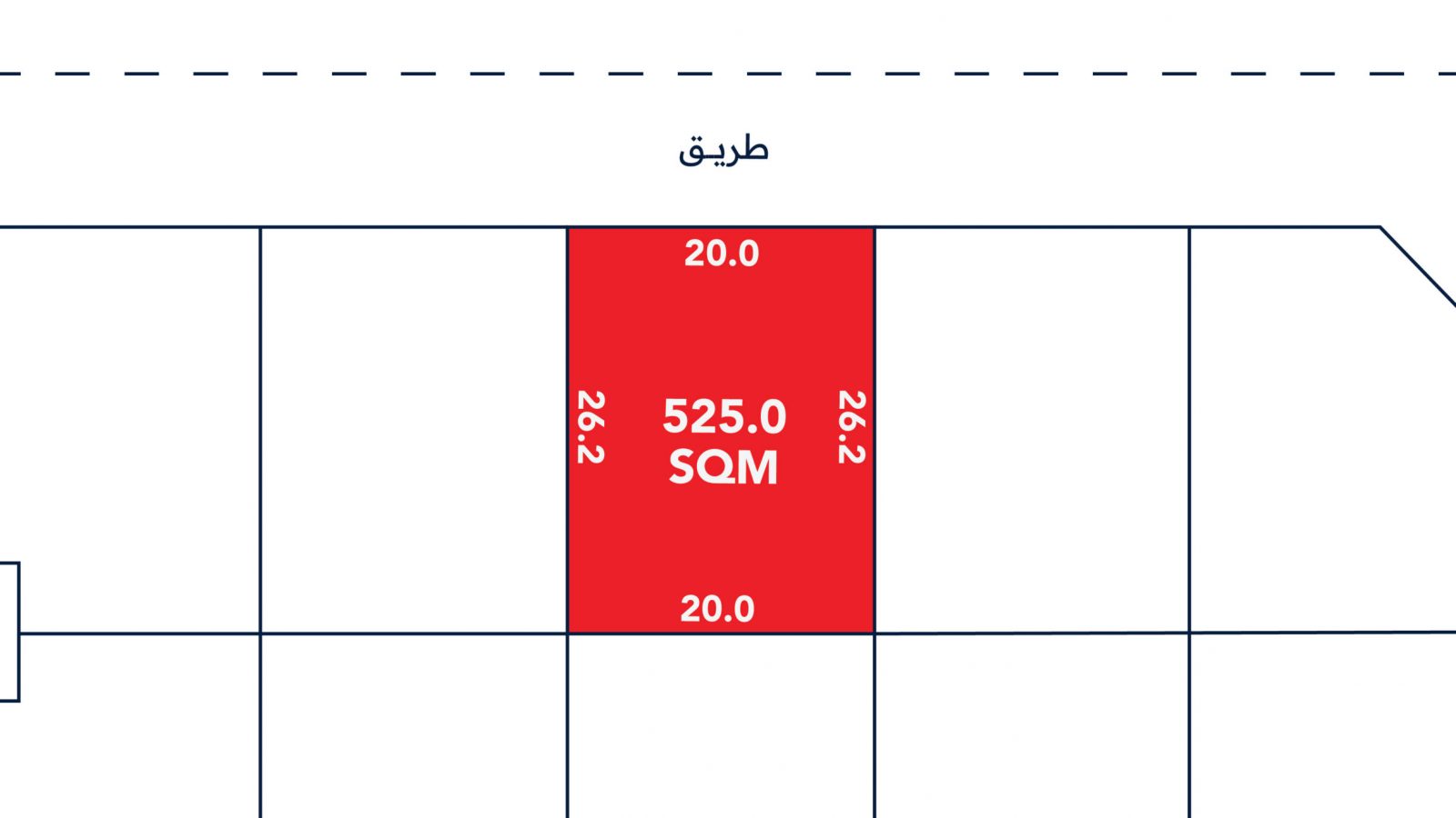 A rectangular land plot labeled 525.0 SQM is highlighted in red, with dimensions 20.0 by 26.2 meters, located adjacent to a street.