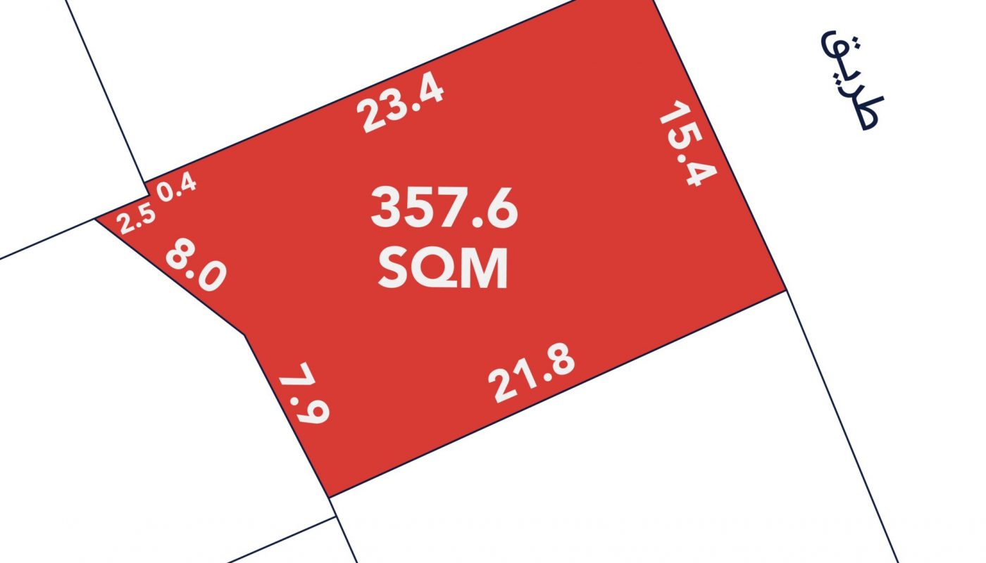A red land plot labeled 357.6 SQM is shown with its side lengths marked in meters, surrounded by adjacent plots and a road with Arabic text.