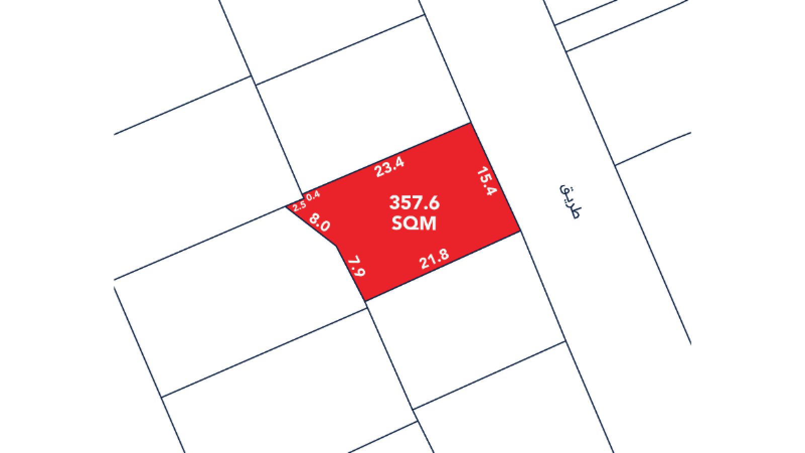 A plot map highlights a red lot labeled "357.6 SQM" with dimensions on each side, adjacent to a street labeled in Arabic.