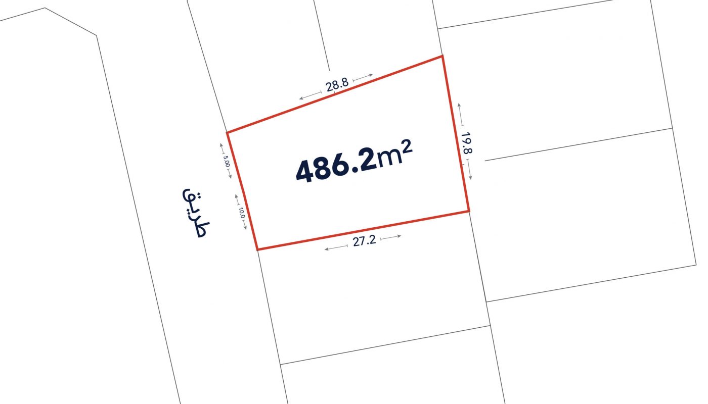 Diagram of a land plot with an area of 486.2 square meters, showing side lengths of 28.8m, 27.2m, and 18.8m along the boundaries.