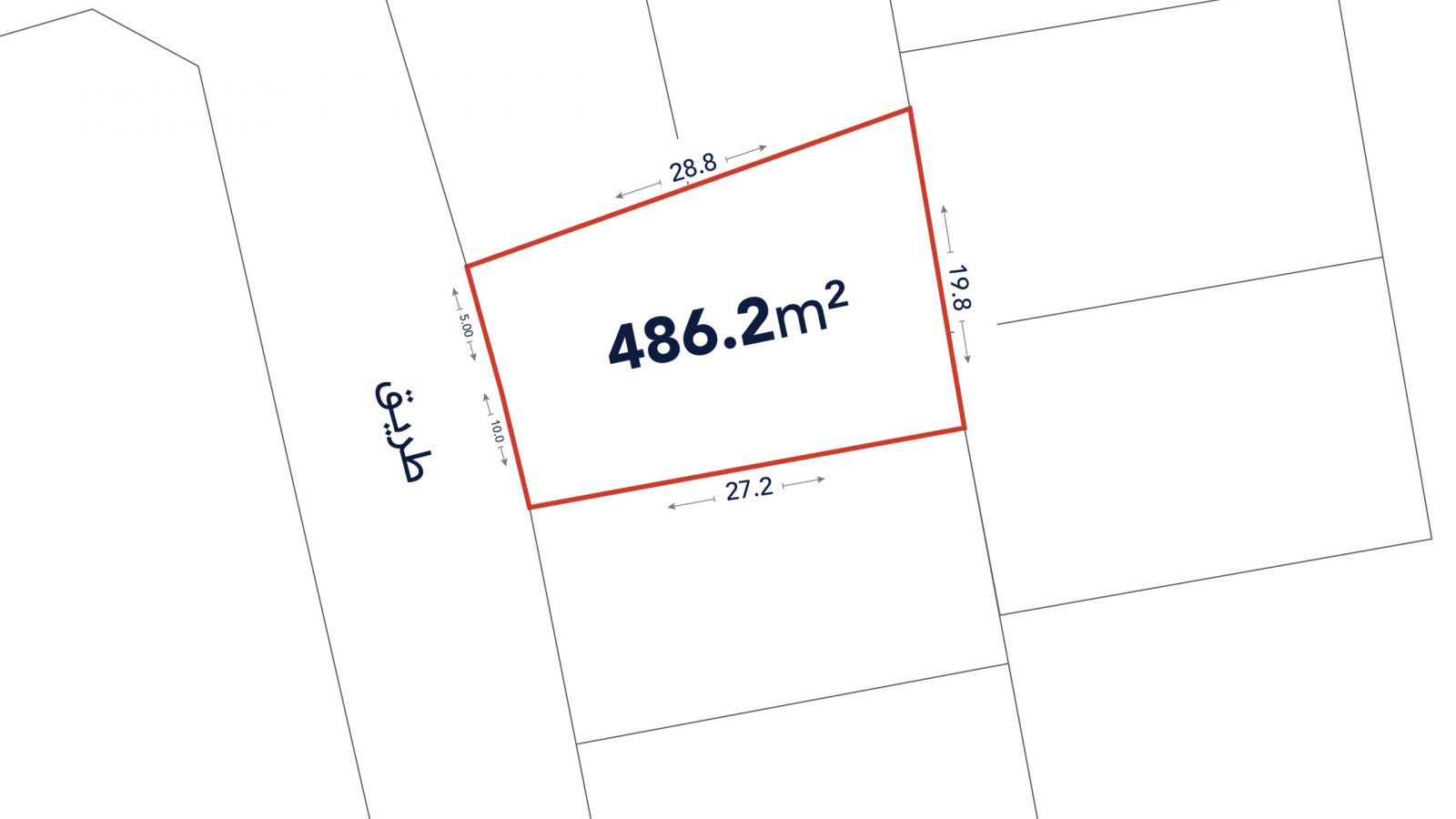 Diagram of a land plot with an area of 486.2 square meters, showing side lengths of 28.8m, 27.2m, and 18.8m along the boundaries.