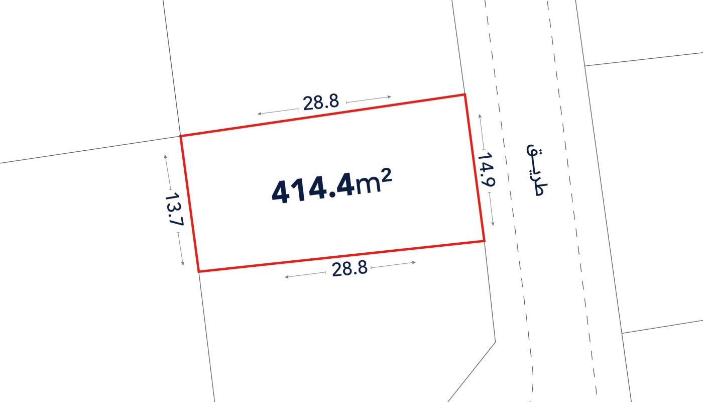 A rectangular land plot outlined in red, labeled 414.4 m², with sides measuring 28.8m, 13.7m, and 14.9m, adjacent to a road shown with dashed lines.