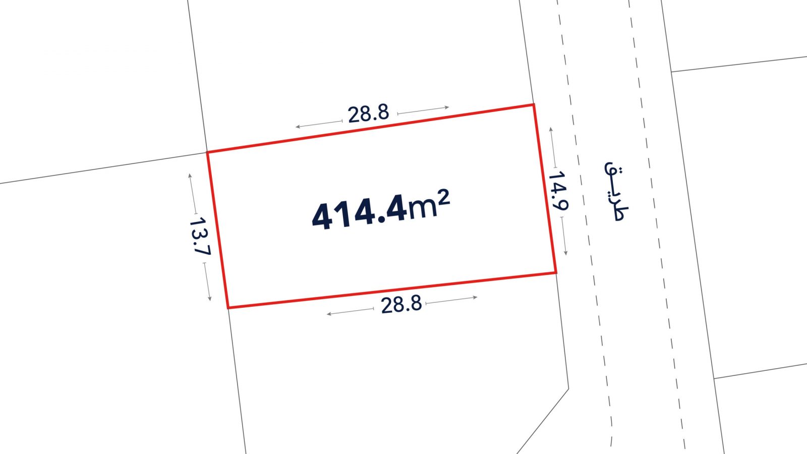 A rectangular land plot outlined in red, labeled 414.4 m², with sides measuring 28.8m, 13.7m, and 14.9m, adjacent to a road shown with dashed lines.
