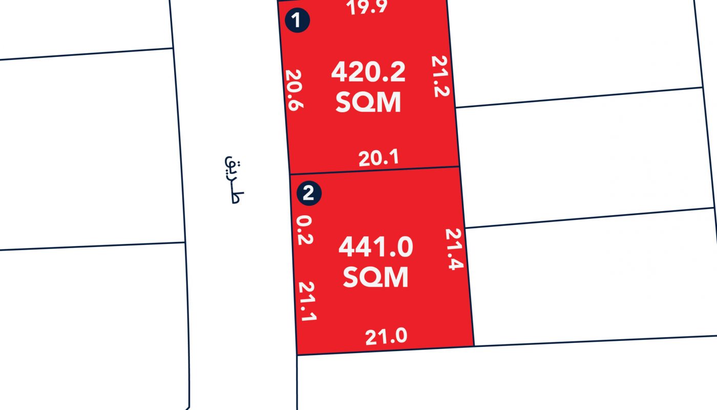 A map showing two adjacent red plots, labeled 1 (420.2 SQM) and 2 (441.0 SQM), with boundary measurements and a street on the left.