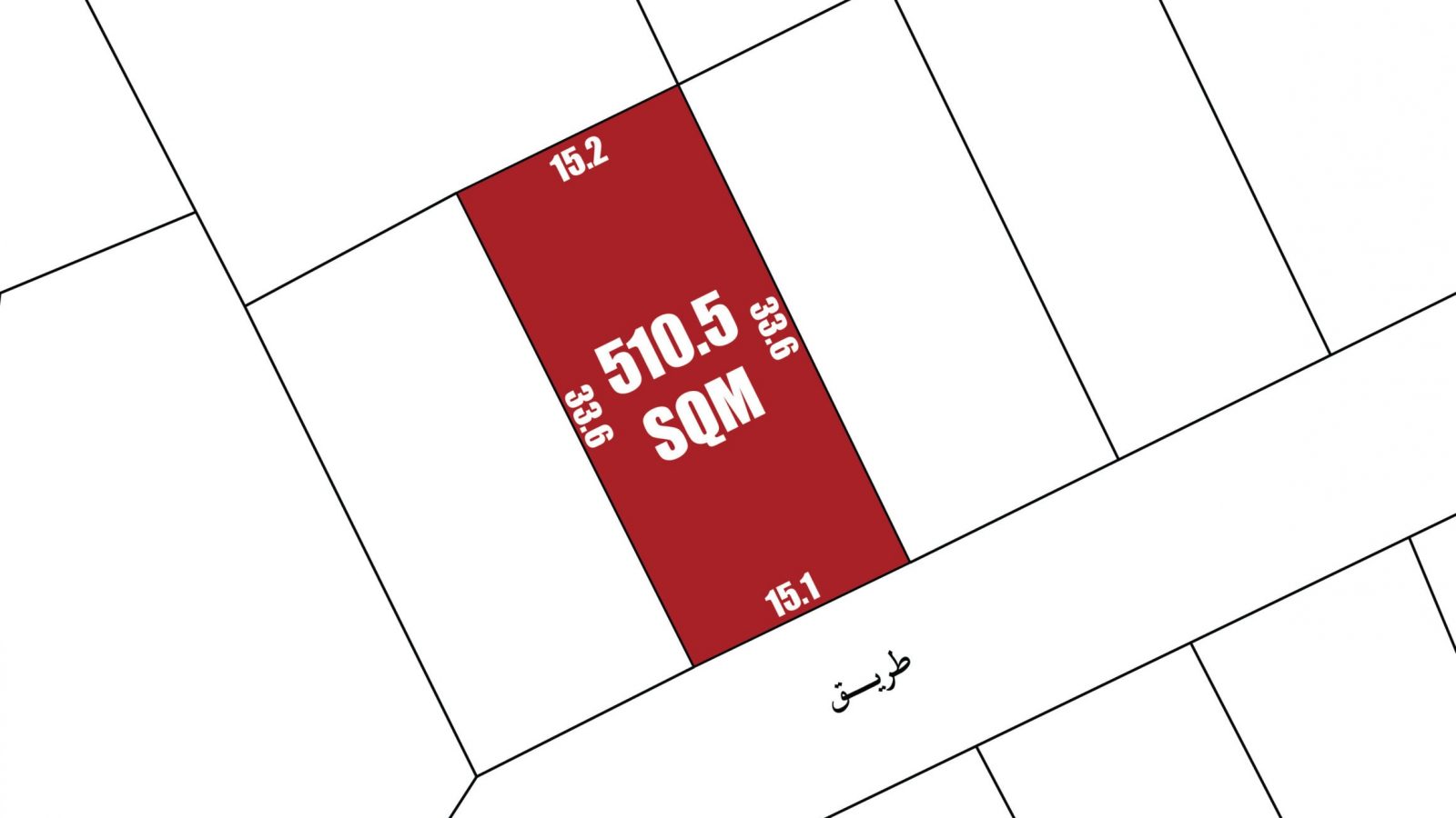 Map highlighting a rectangular plot marked as 510.5 SQM in red, with dimensions 15.2m and 33.5m. Adjacent areas are unmarked.