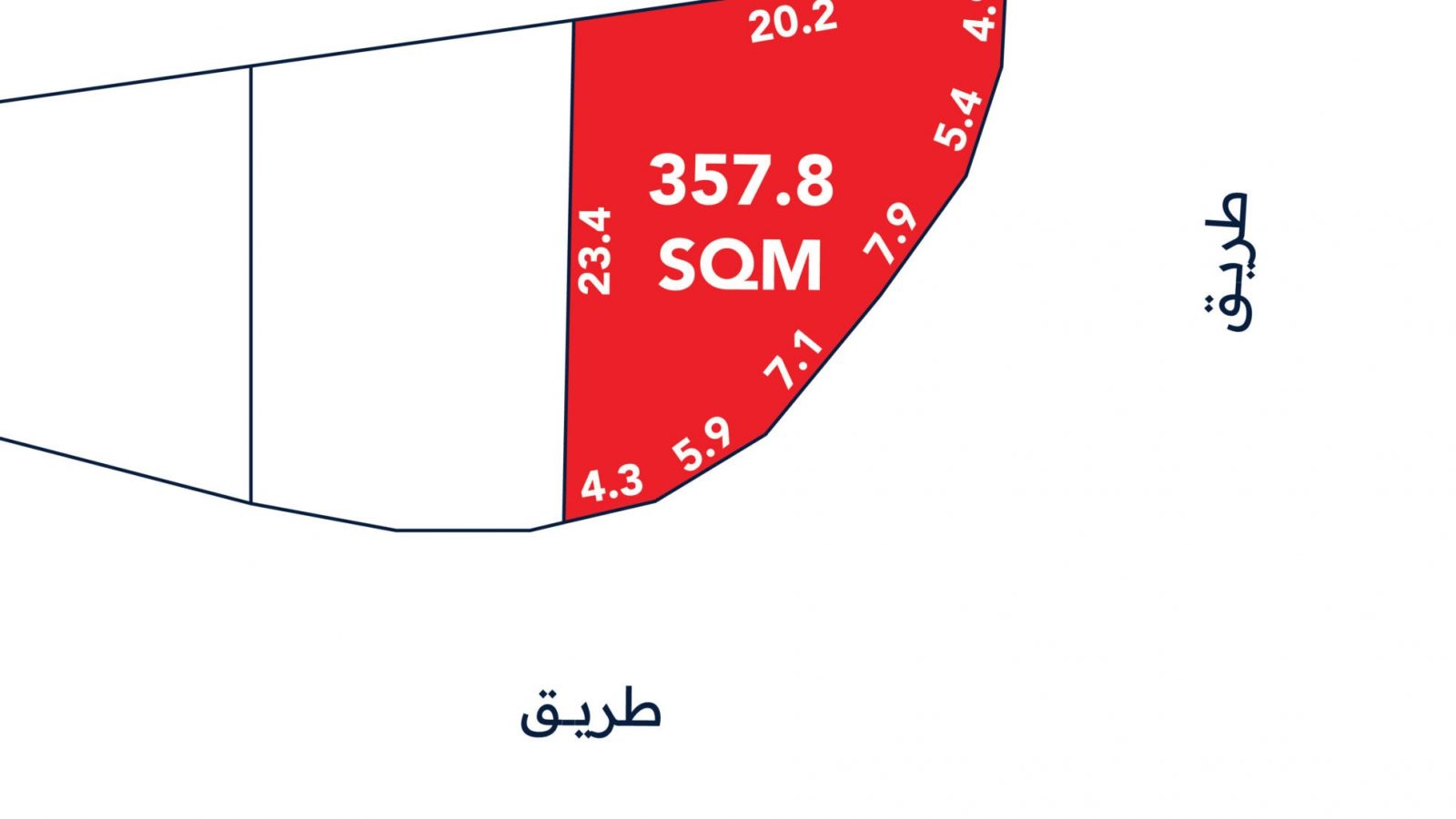 Map section showing a red highlighted plot labeled "357.8 SQM." Adjacent roads are marked, and plot dimensions are specified in white text along the edges.