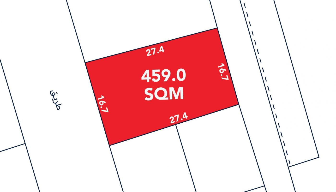 A red rectangular plot marked with "459.0 SQM" surrounded by streets and adjacent plots, with dimensions labeled on each side.