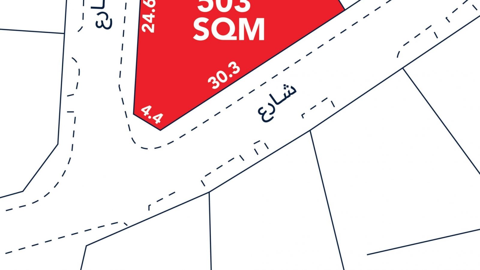 Map showing a plot of land labeled "503 SQM" in red, with surrounding street measurements: 22.0, 10.6, 30.3, 4.4, and 24.6. Arabic text indicates street names.