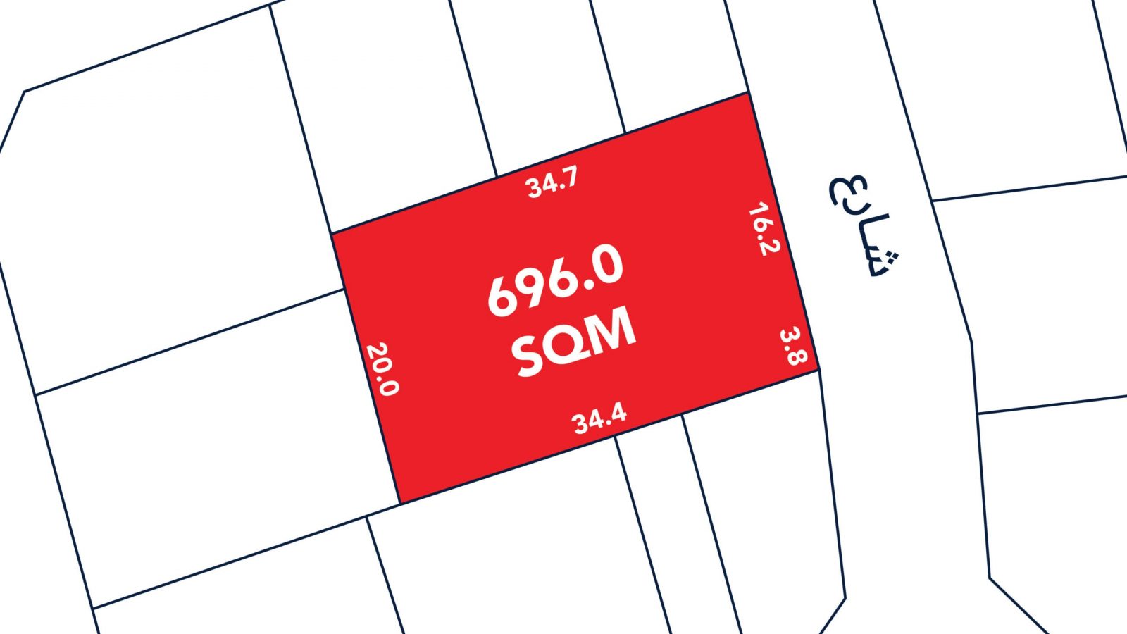 A plot map highlighting a rectangular red plot labeled "696.0 SQM" with dimensions marked on each side.