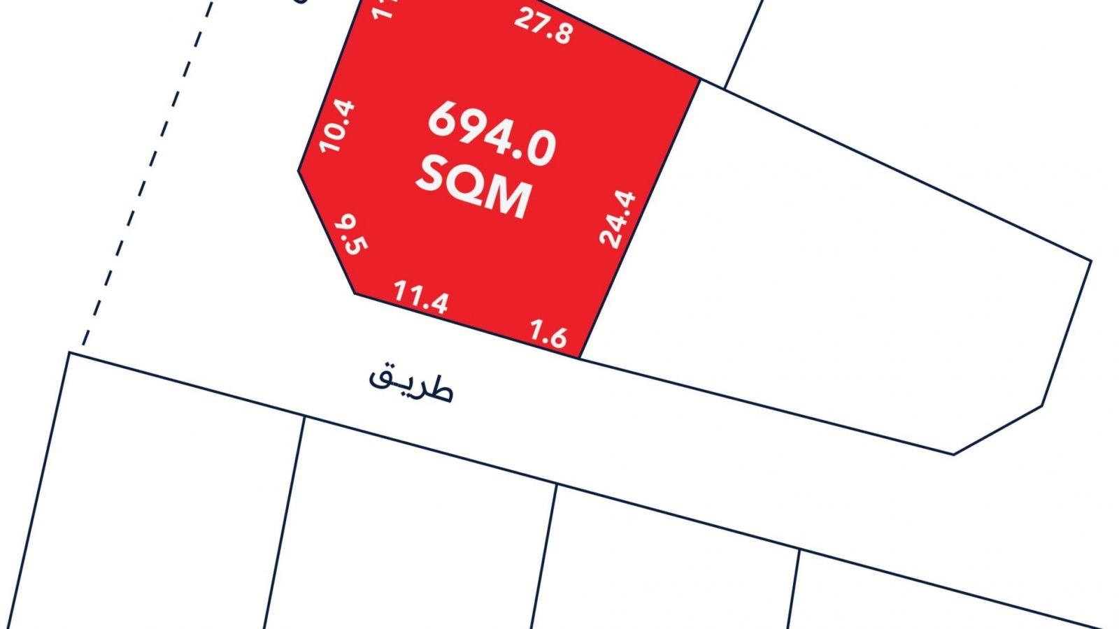 A plot map highlighting a red parcel labeled "694.0 SQM" with various boundary measurements marked in meters.