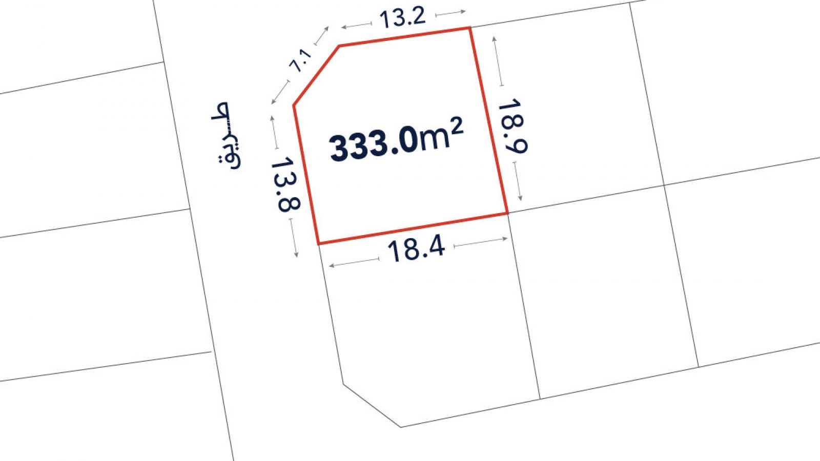 A plot of land outlined in red, labeled 333.0 m², with side lengths 13.2, 18.9, 18.4, 13.8, and 7.1 meters, located at the intersection of two streets.