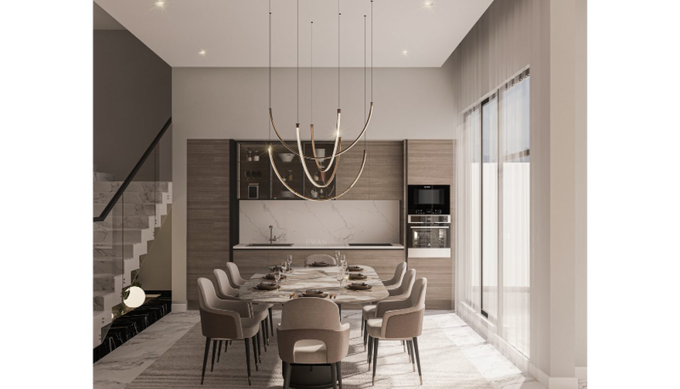 Modern dining room with a marble table, ten chairs, minimalist kitchen, large windows, and a contemporary chandelier overhead.