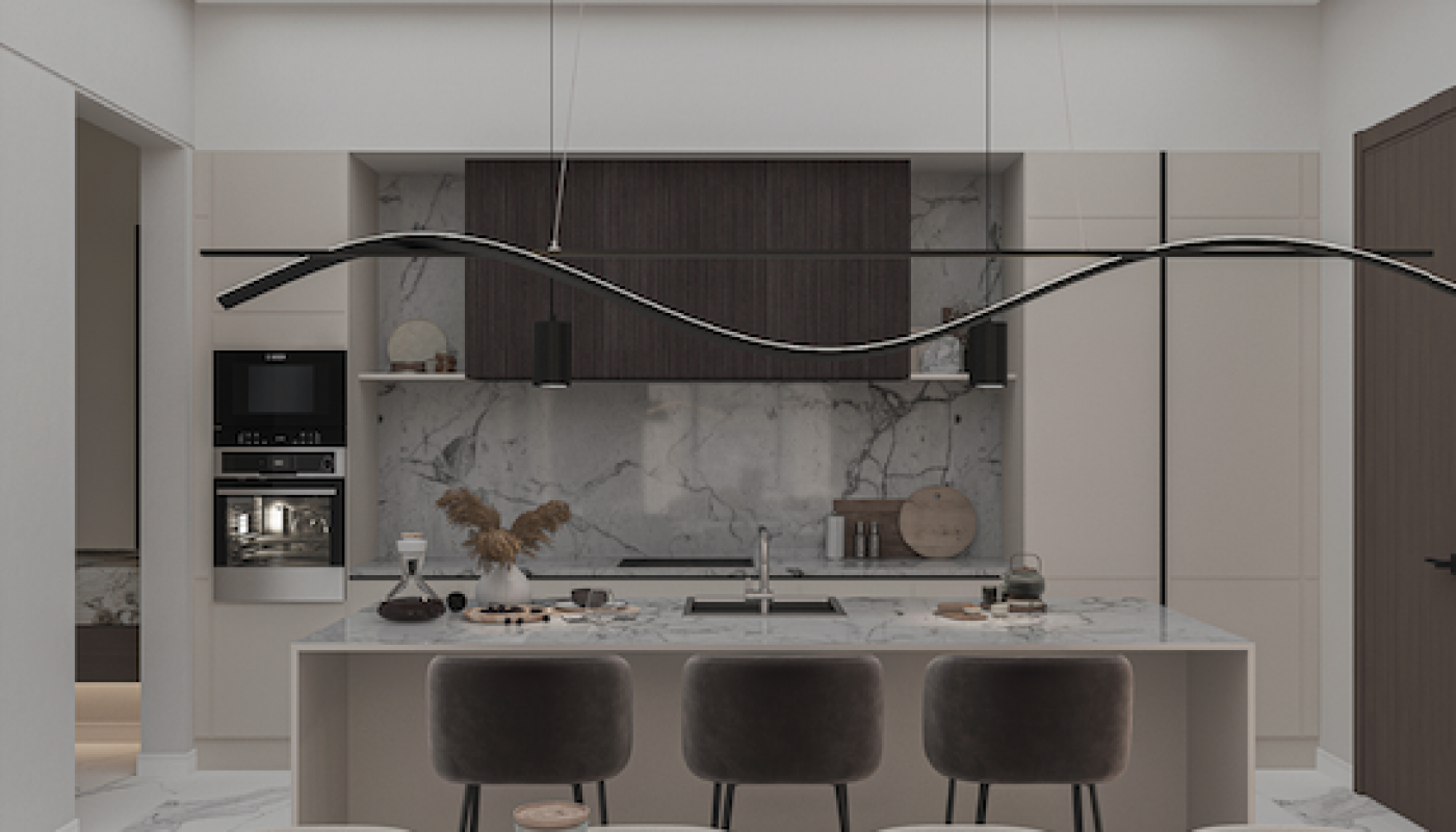 Modern kitchen with marble countertops and backsplash, three barstools at an island, built-in appliances, and minimalist pendant lighting.