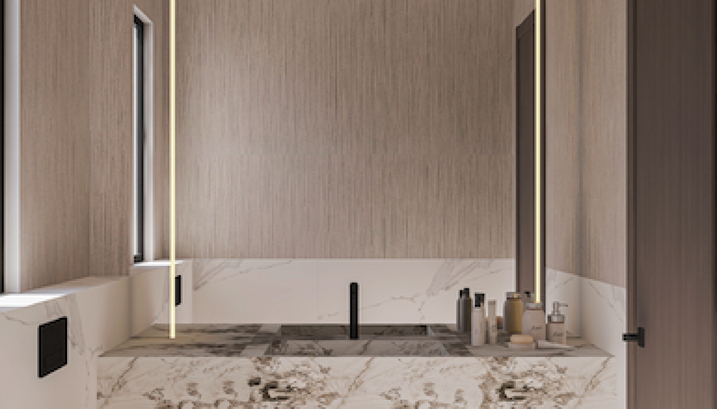 Modern bathroom with marble surfaces, a floating vanity, wall-mounted toilet, large mirror, and minimal decor under soft lighting.