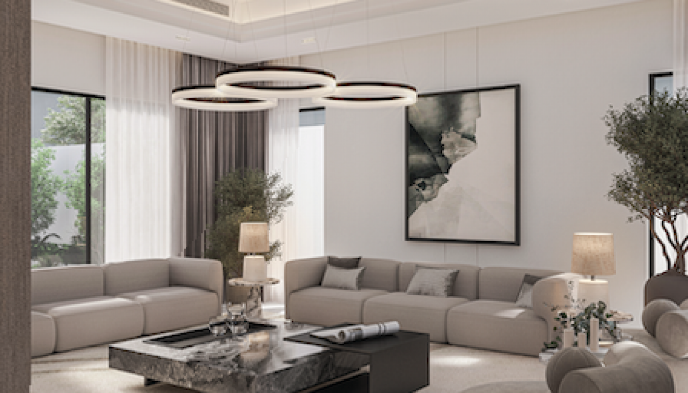 Modern living room with neutral-toned furniture, patterned rug, large marble coffee table, contemporary ring chandelier, abstract wall art, and floor-to-ceiling windows with sheer curtains.