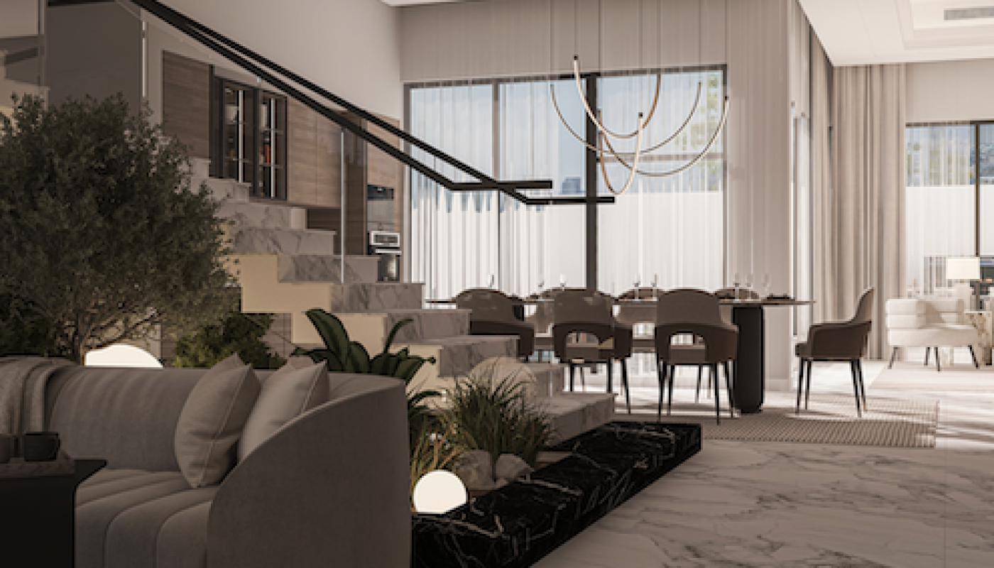 Modern open-plan living and dining area with marble floors, neutral furnishings, large windows, contemporary lighting, and greenery accents.