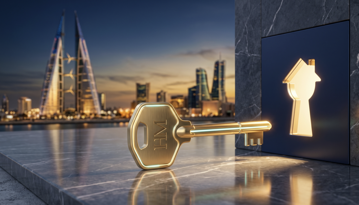 A gold key labeled "BNA" is inserted into a house-shaped lock on a marble surface, symbolizing House Me and real estate investment, with a modern city skyline visible at sunset in the background.