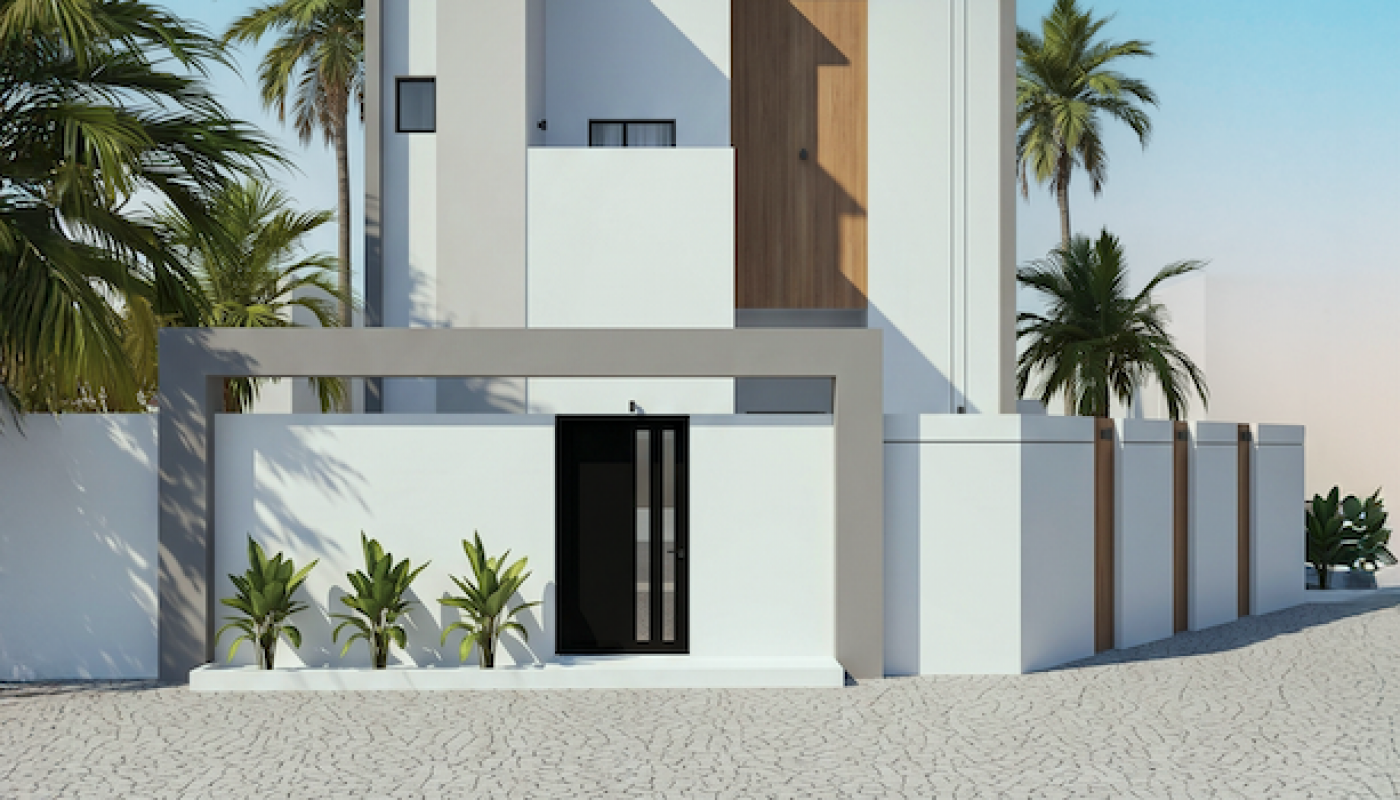 Modern two-story house with white and wood exterior, flat roof, large windows, and palm trees in the background. The front yard features a paved driveway and minimal landscaping.