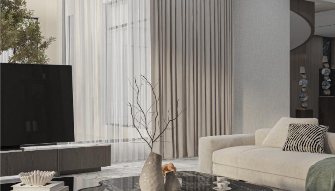 Modern living room with beige sofa, marble coffee table with vases, large TV, floor-to-ceiling curtains, and neutral decor. Light fills the space through tall windows.