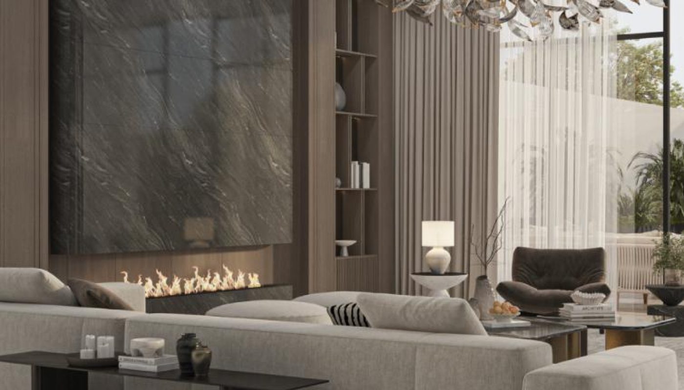 Modern living room with marble floors, large gray sofas, a black marble fireplace, floor-to-ceiling windows, and a sculptural chandelier. Neutral tones and minimalist décor throughout.