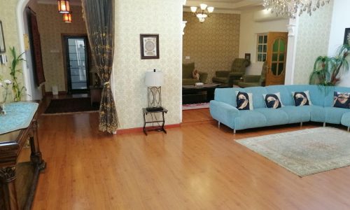 A living room with a blue couch and chandelier.