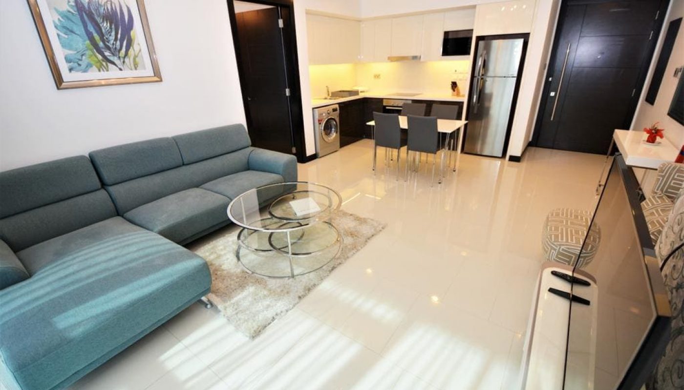 Exquisite modern apartment with living room and kitchen area.
