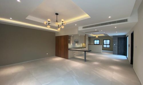 An empty kitchen and living room in a modern BRAND NEW apartment.