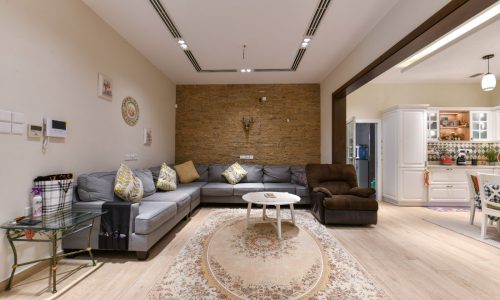 A luxurious living room with a couch and a rug.