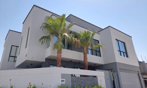 Saar is a modern house with elegance, featuring palm trees and a garage.