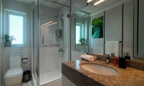 A furnished apartment with a glass shower and sink.