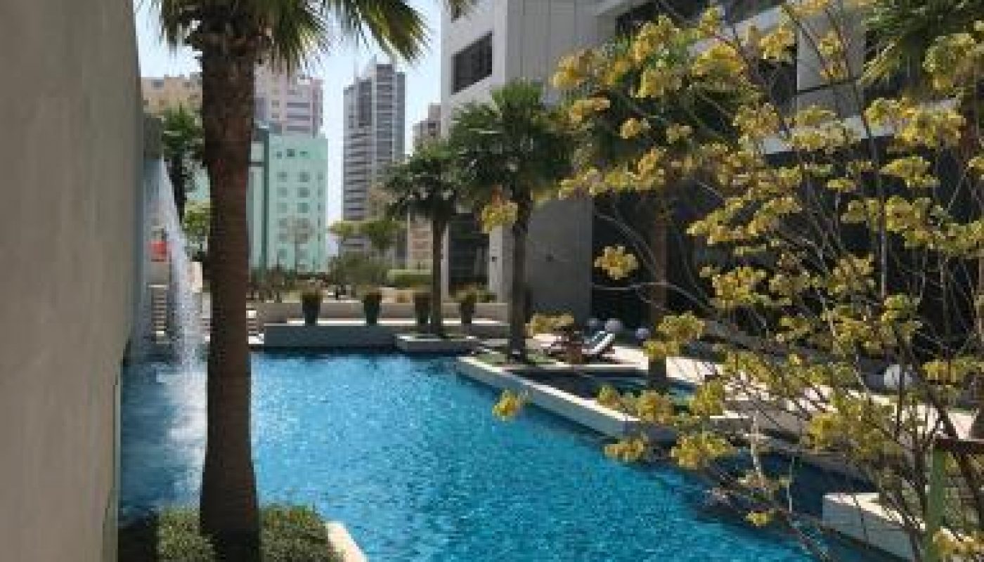A modern outdoor swimming pool is surrounded by palm trees and tall buildings, with lounge chairs and sunlight reflecting on the water.