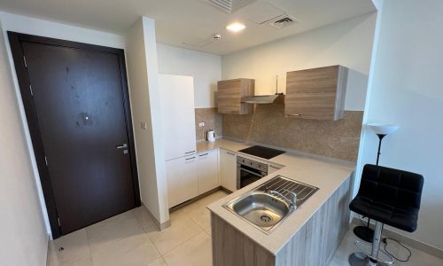 A small kitchen in a luxurious, small apartment.